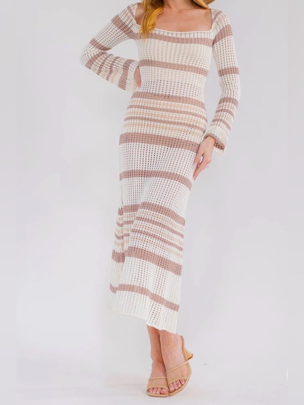 Knit Striped Maxi Dress - White & Beige